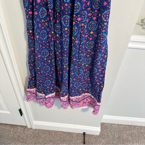 Vintage Blue Pink Cotton Block Printed House Maxi Dress Muumuu Small - Picture 5 of 12